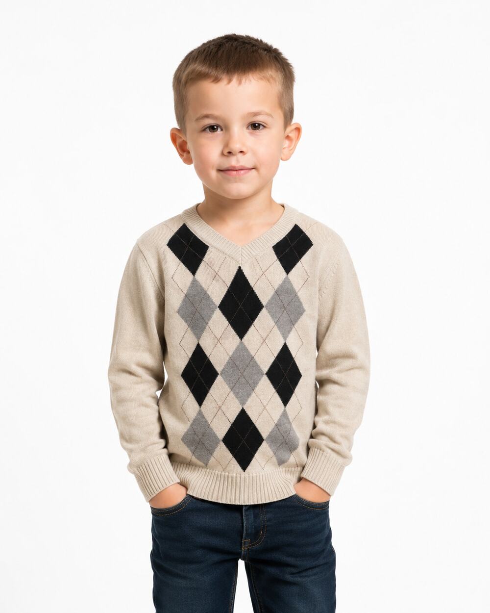 PLACE Boys Pullover Argyle V-Neck Sweater - Size 5/6 - Cream Gray Black